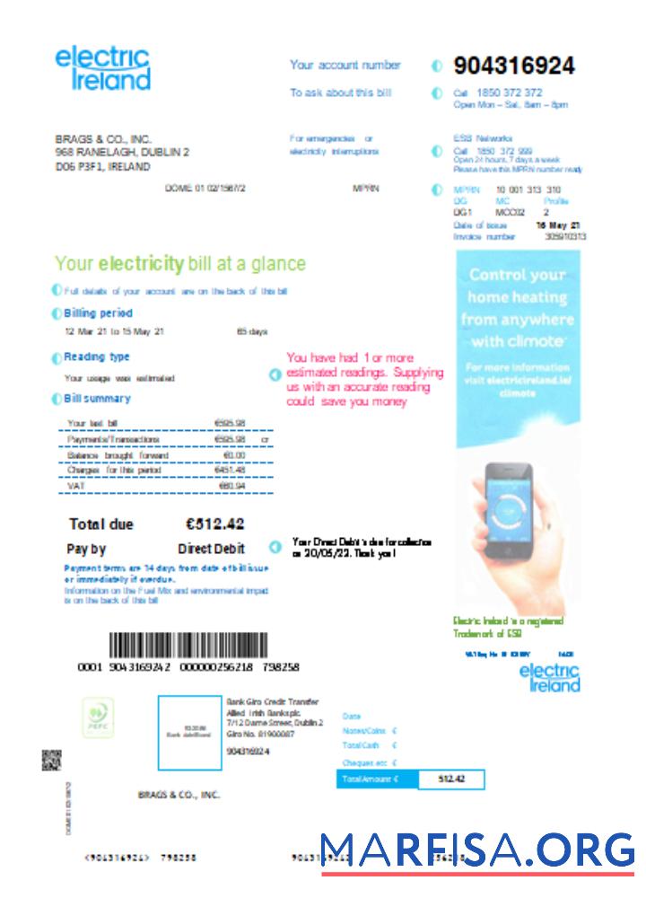 Blank Electric Ireland utility business bill SCR real example